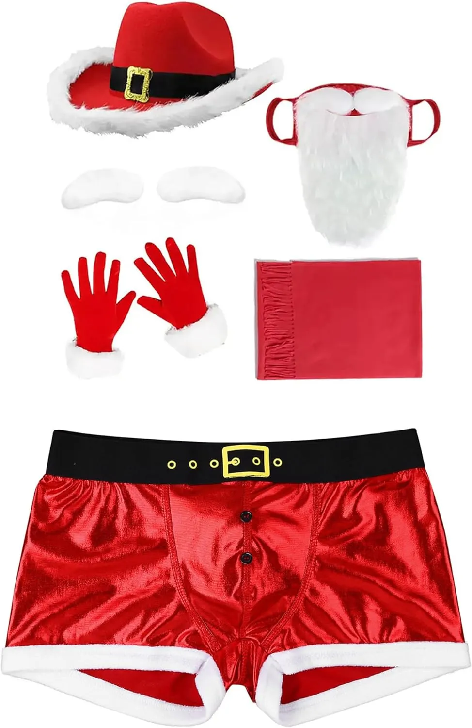 JEATHA Men Christmas Outfits Faux Leather Lingerie Santa Briefs Underwear with Hat Beard Gloves Scarf