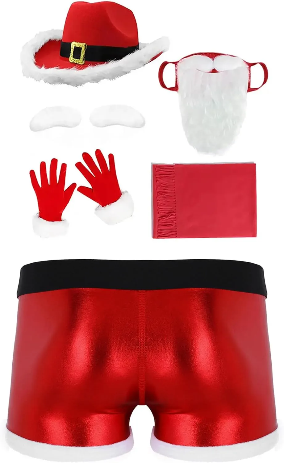 JEATHA Men Christmas Outfits Faux Leather Lingerie Santa Briefs Underwear with Hat Beard Gloves Scarf
