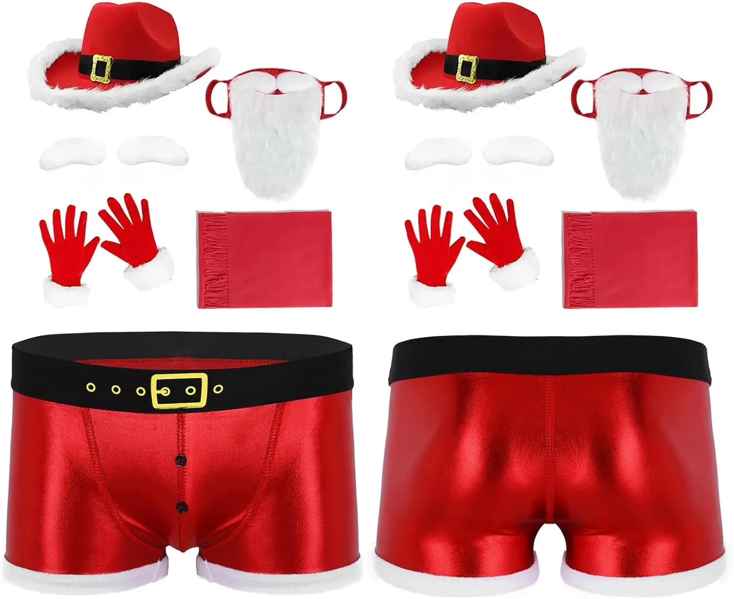 JEATHA Men Christmas Outfits Faux Leather Lingerie Santa Briefs Underwear with Hat Beard Gloves Scarf