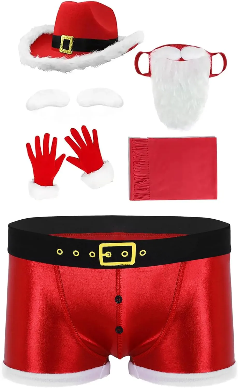 JEATHA Men Christmas Outfits Faux Leather Lingerie Santa Briefs Underwear with Hat Beard Gloves Scarf