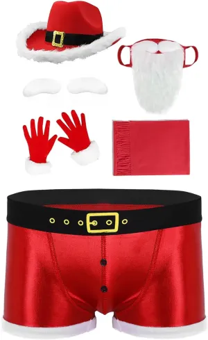 JEATHA Men Christmas Outfits Faux Leather Lingerie Santa Briefs Underwear with Hat Beard Gloves Scarf