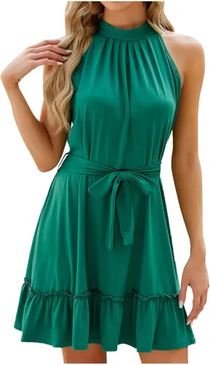 JOAU Women Halter Neck Summer Dresses Sleeveless Sundress Belt Pleated A-Line Ruffle Tie Keyhole Back Party Beach Mini Dress