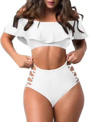 jsaierl Women Sexy Cut Out 2 Piece Bandeau Swimsuits Fashion Strapless Ruffle Bikini Sets High Wasited Tummy Control Swimwear