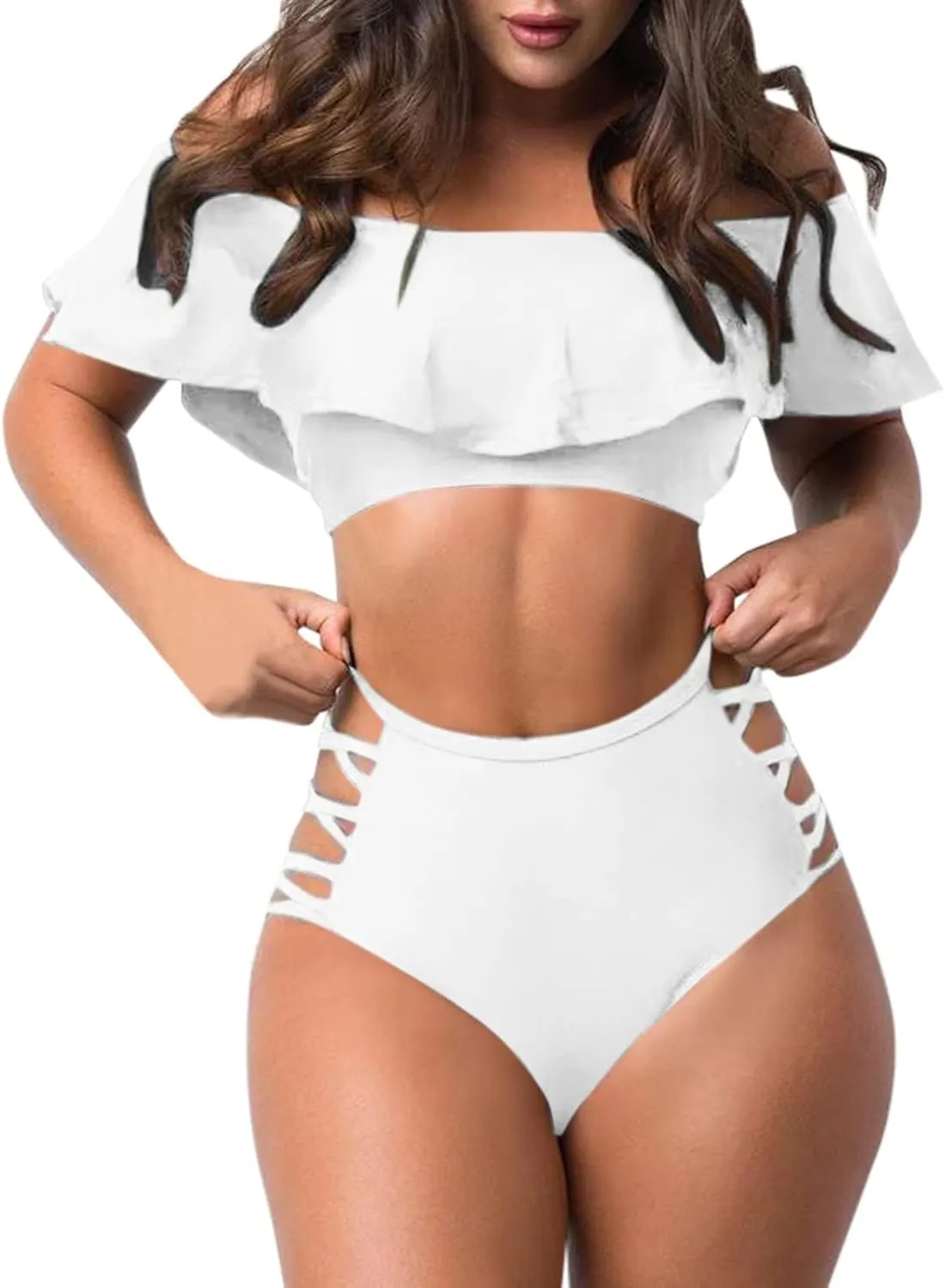 jsaierl Women Sexy Cut Out 2 Piece Bandeau Swimsuits Fashion Strapless Ruffle Bikini Sets High Wasited Tummy Control Swimwear