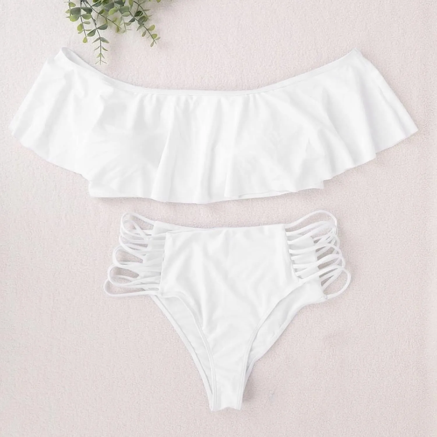 jsaierl Women Sexy Cut Out 2 Piece Bandeau Swimsuits Fashion Strapless Ruffle Bikini Sets High Wasited Tummy Control Swimwear