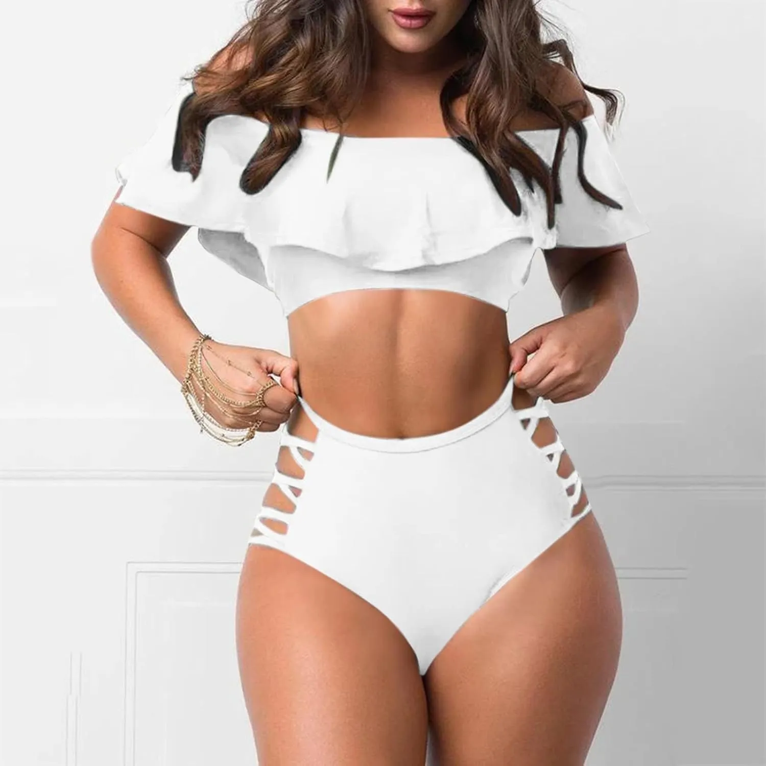 jsaierl Women Sexy Cut Out 2 Piece Bandeau Swimsuits Fashion Strapless Ruffle Bikini Sets High Wasited Tummy Control Swimwear