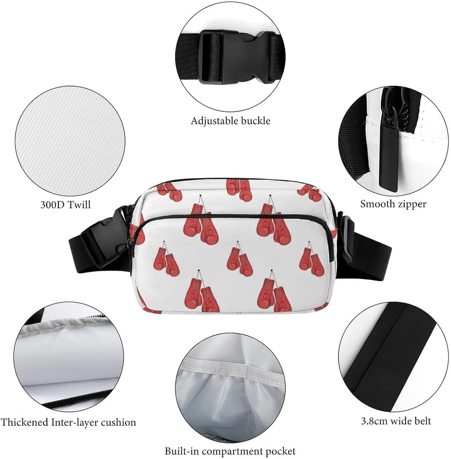 Kawaii Red Boxing Gloves Fanny Pack Belt Bag with Adjustable Strap Waist Packs Small Pouch Crossbody Bags for Hiking Running Cycling Traveling