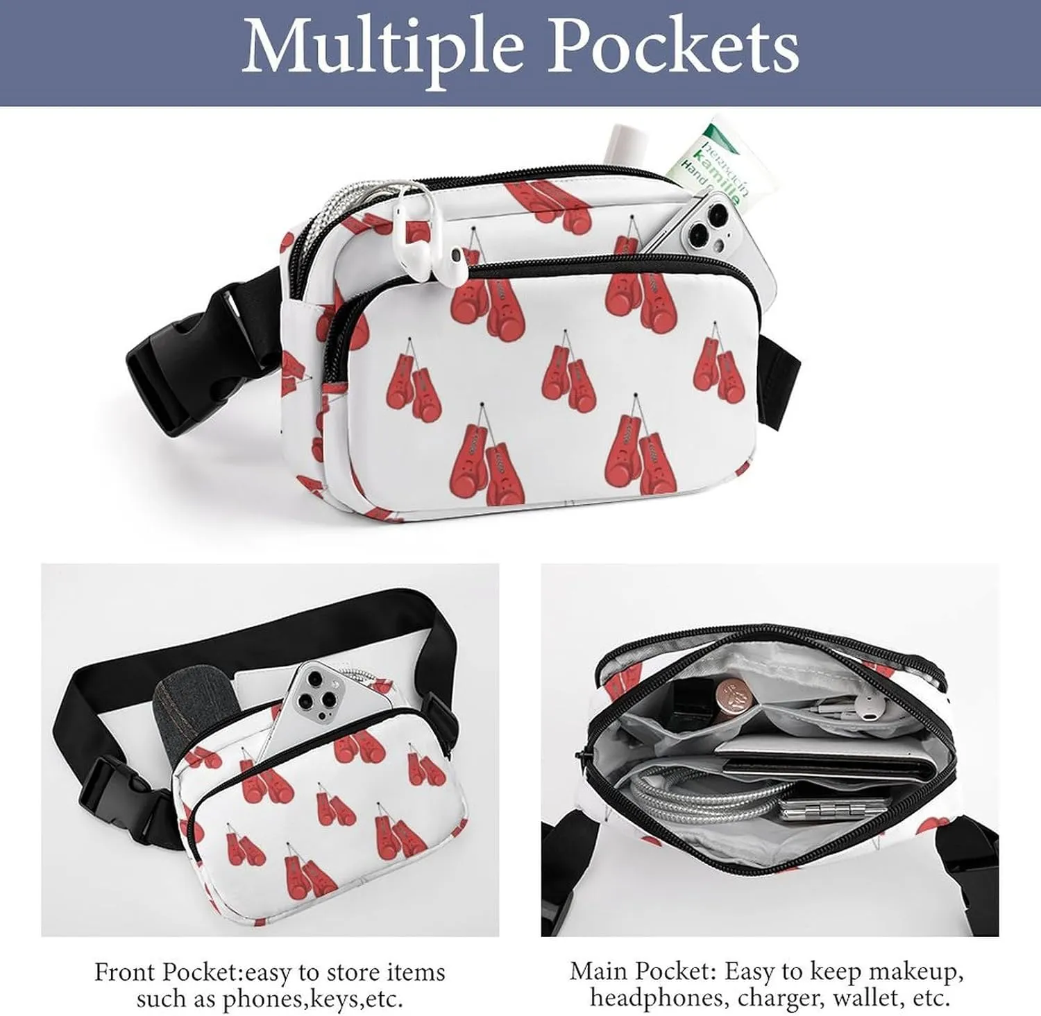 Kawaii Red Boxing Gloves Fanny Pack Belt Bag with Adjustable Strap Waist Packs Small Pouch Crossbody Bags for Hiking Running Cycling Traveling
