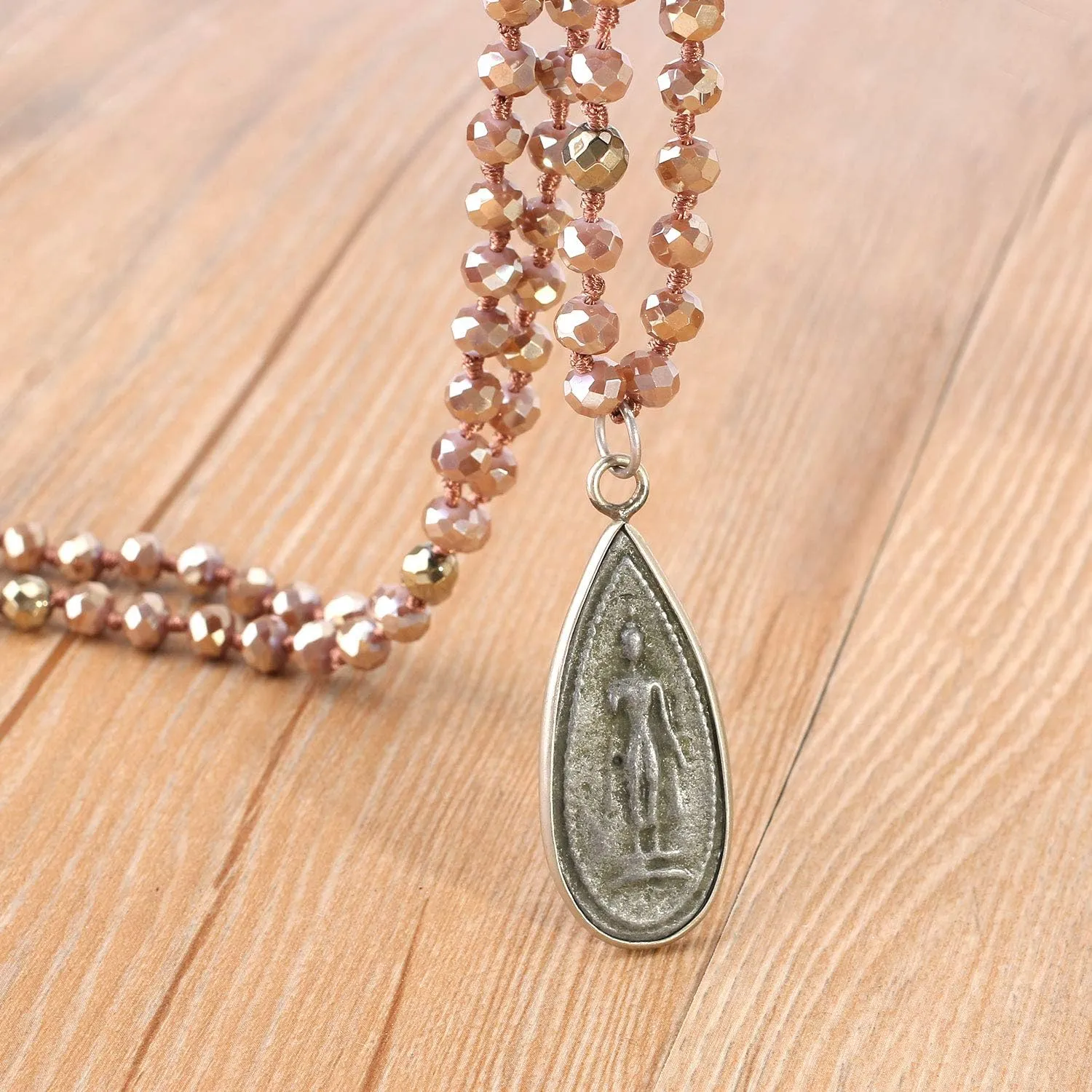 KELITCH Buddha Pendant Necklaces Natural Stone Beaded Necklaces Handmade Long Chain Strands Necklaces Jewelry for Women Girls