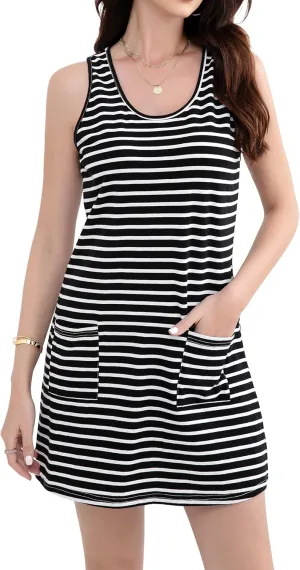 KHPAERMEI Womens Summer Dresses 2025 Stripe Beach Loose Scoop Neck Casual Sleeveless Sundresses Swimsuit Coverup with Pocket