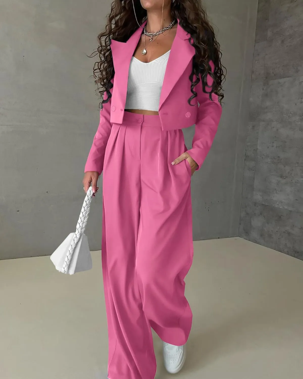 KIRUNDO Women's Two Piece Outfits Business Casual Cropped Blazer Jackets and Wide Leg Pants Suit Sets Work Clothes