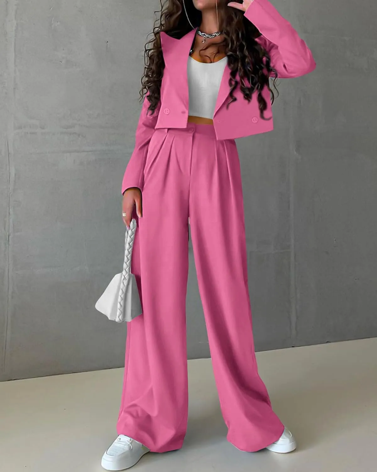 KIRUNDO Women's Two Piece Outfits Business Casual Cropped Blazer Jackets and Wide Leg Pants Suit Sets Work Clothes