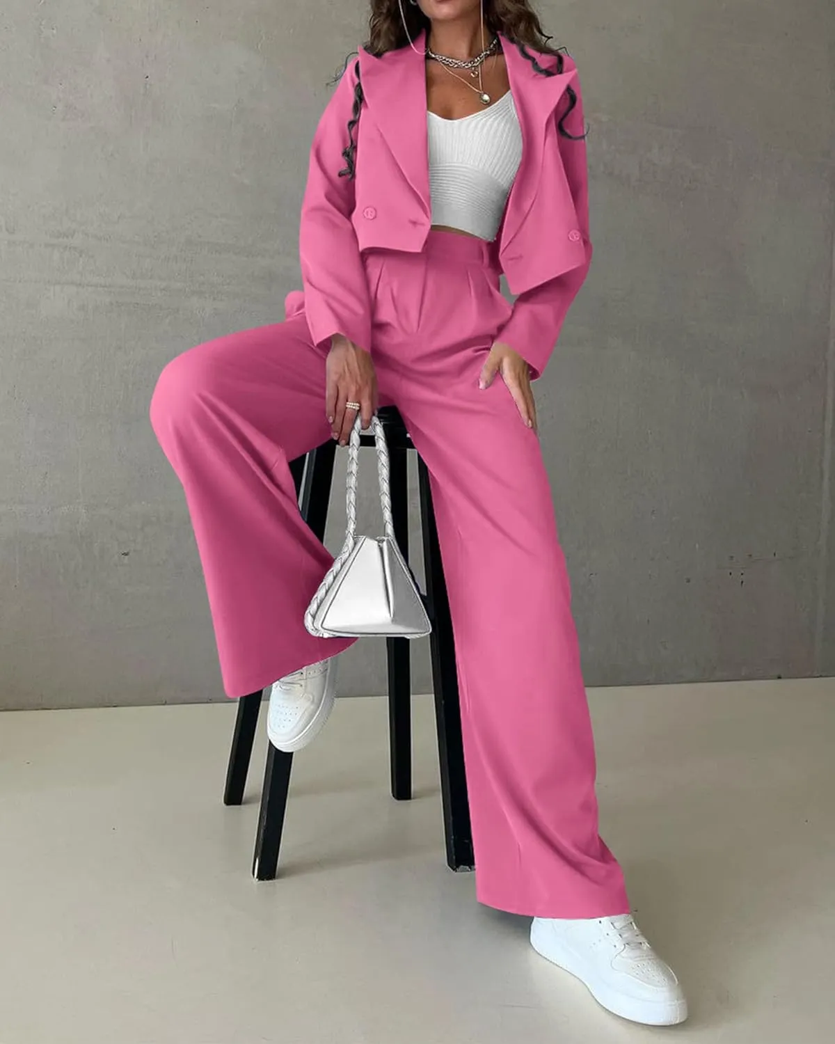 KIRUNDO Women's Two Piece Outfits Business Casual Cropped Blazer Jackets and Wide Leg Pants Suit Sets Work Clothes