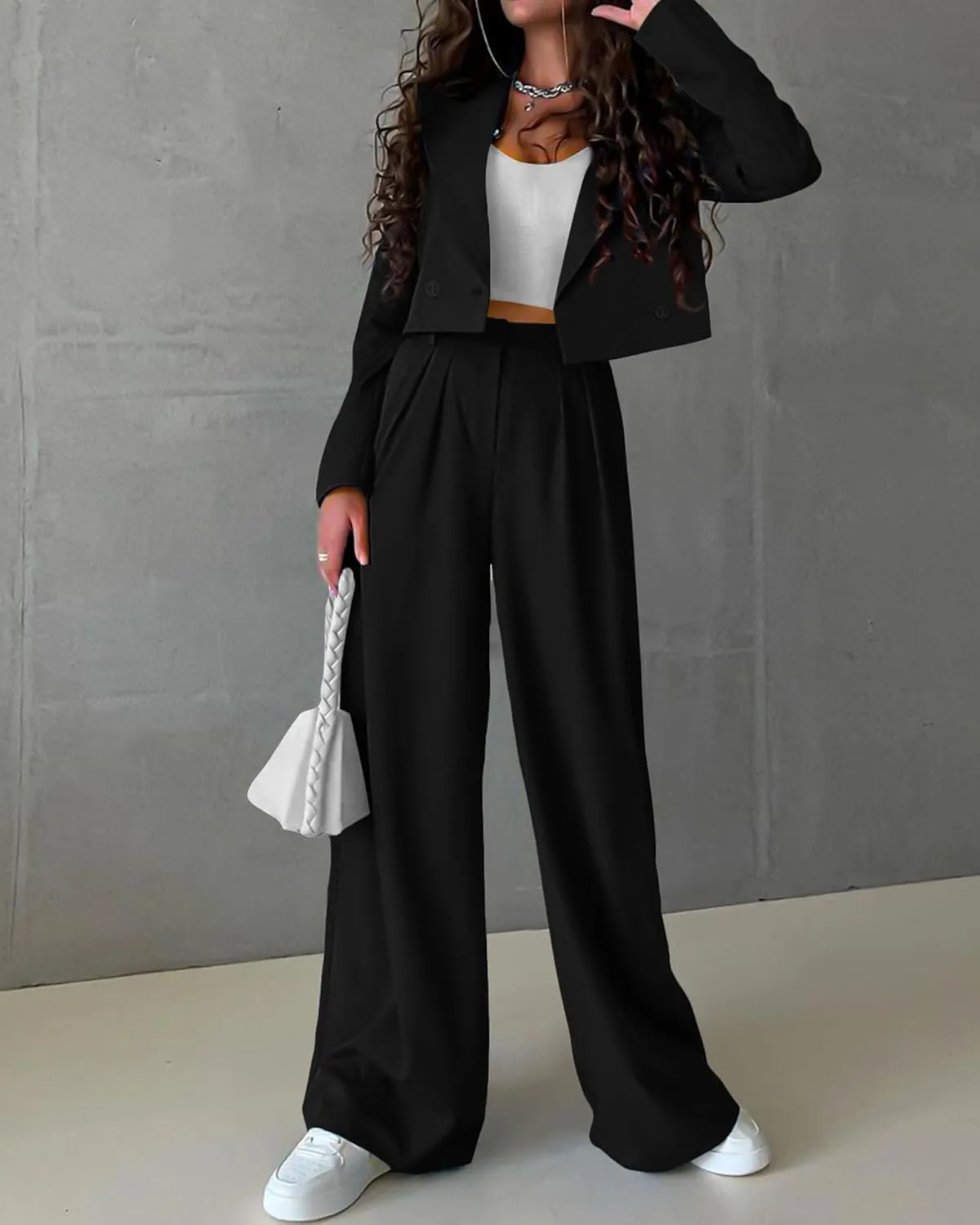 KIRUNDO Women's Two Piece Outfits Business Casual Cropped Blazer Jackets and Wide Leg Pants Suit Sets Work Clothes