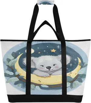 Koala Moon Tote Bag for Women with Zipper Reusable Grocery Bags Foldable Insulated Cooler Bag Handbags Shopping Bags Totes for Groceries Beach Travel Work Picnic