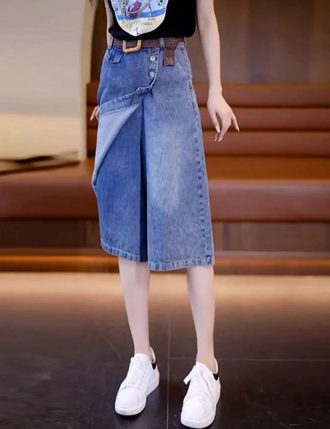 Kwoki Women's High Waisted Denim Skirt Skort Casual Button Up Blue Washed Wide Leg A Line Jean Shorts