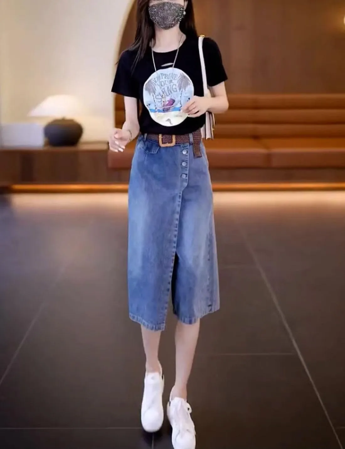 Kwoki Women's High Waisted Denim Skirt Skort Casual Button Up Blue Washed Wide Leg A Line Jean Shorts