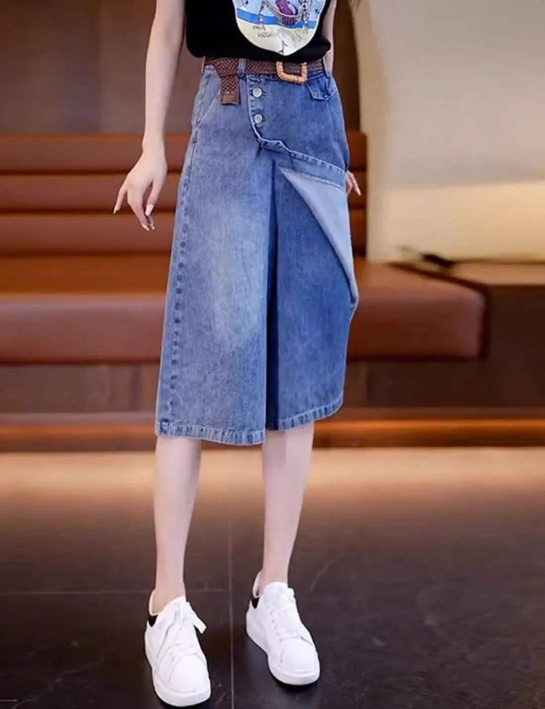 Kwoki Women's High Waisted Denim Skirt Skort Casual Button Up Blue Washed Wide Leg A Line Jean Shorts