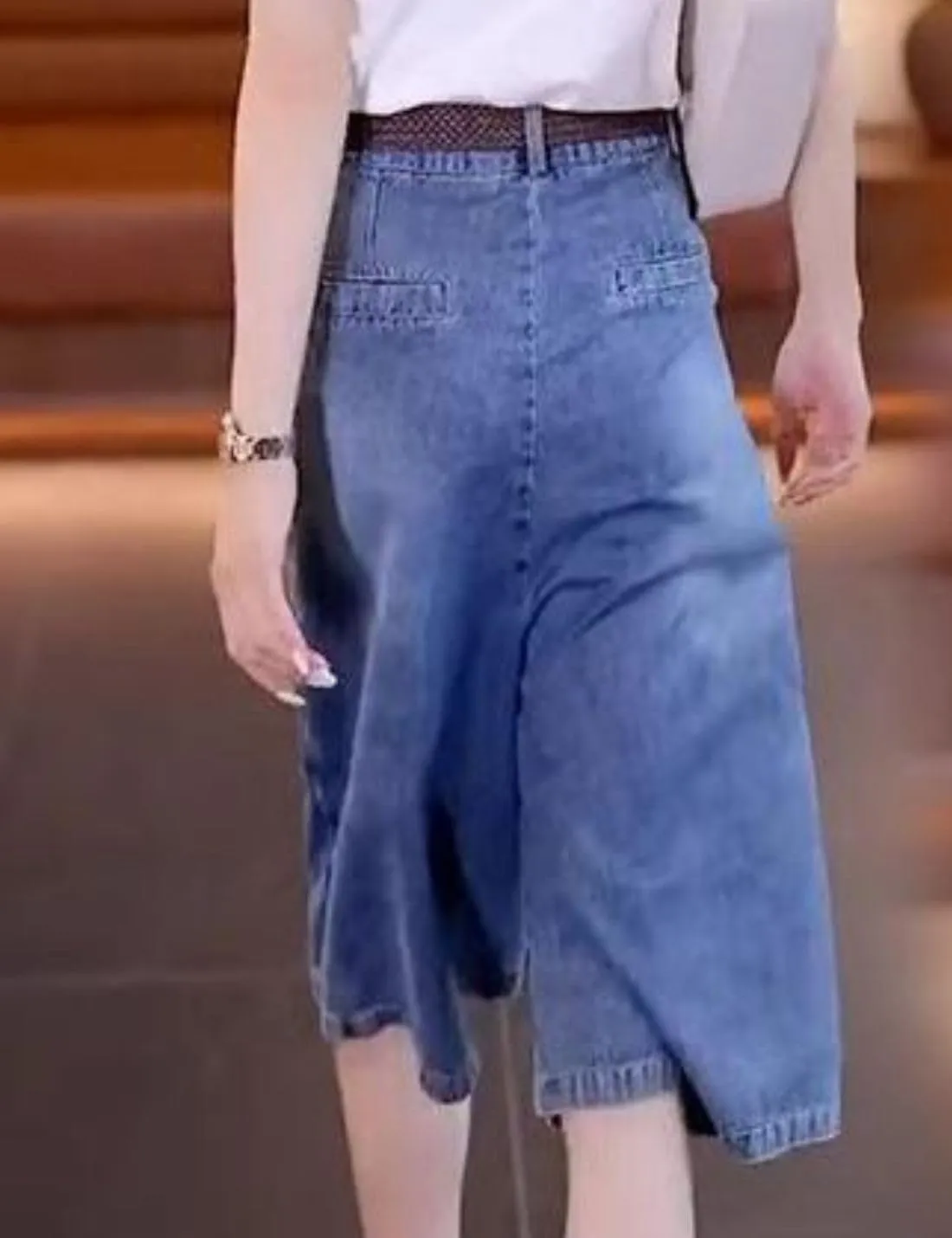 Kwoki Women's High Waisted Denim Skirt Skort Casual Button Up Blue Washed Wide Leg A Line Jean Shorts