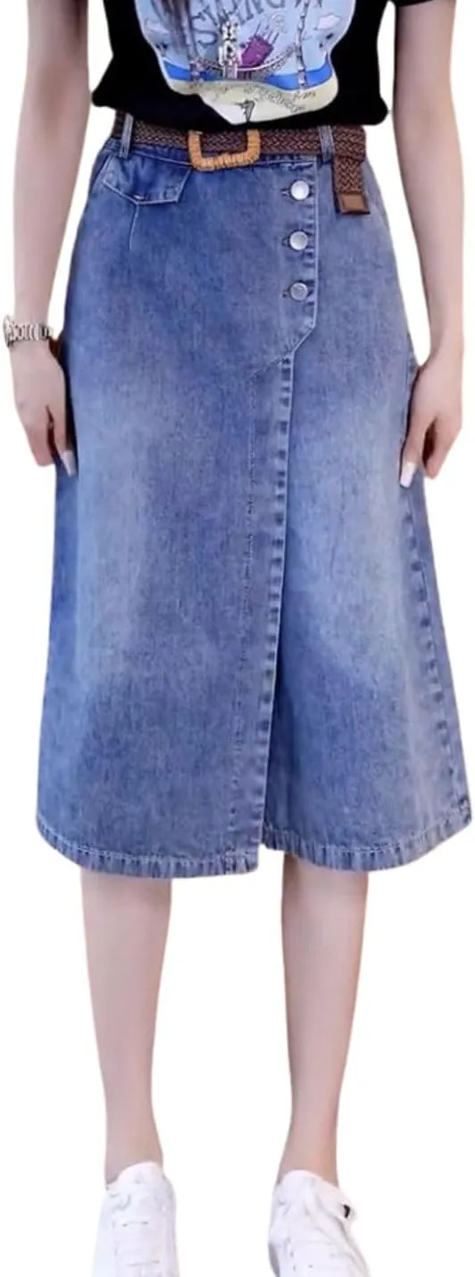 Kwoki Women's High Waisted Denim Skirt Skort Casual Button Up Blue Washed Wide Leg A Line Jean Shorts