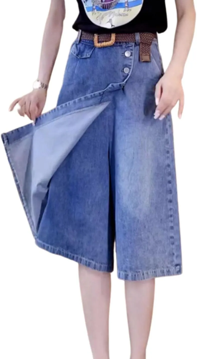 Kwoki Women's High Waisted Denim Skirt Skort Casual Button Up Blue Washed Wide Leg A Line Jean Shorts