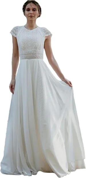 Lace Bodice Tulle Wedding Gown with Cap Sleeves Chiffon Evening Gowns