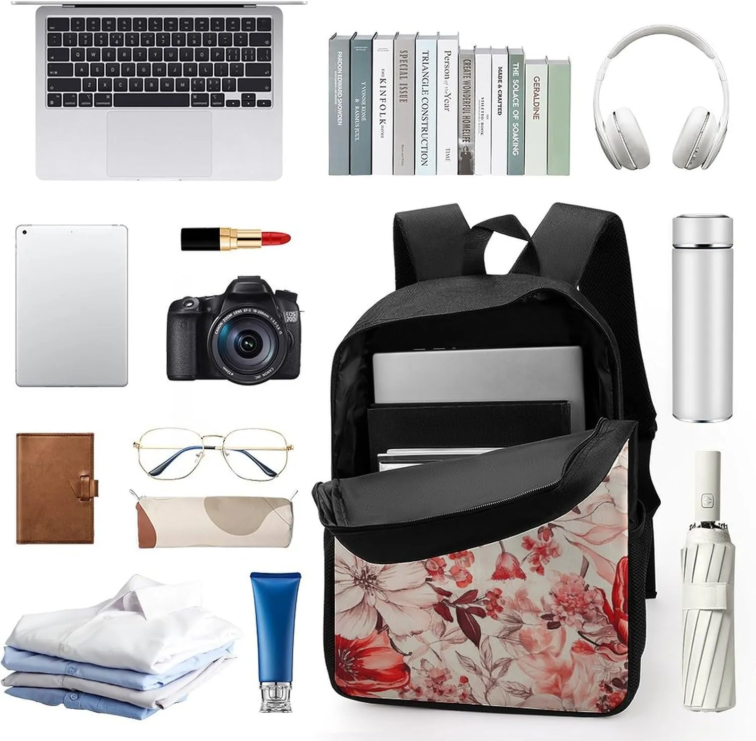 Laptop Backpack Casual Daypack Waterproof Red Style Flowers Computer Bag Business Work Bag for Travel
