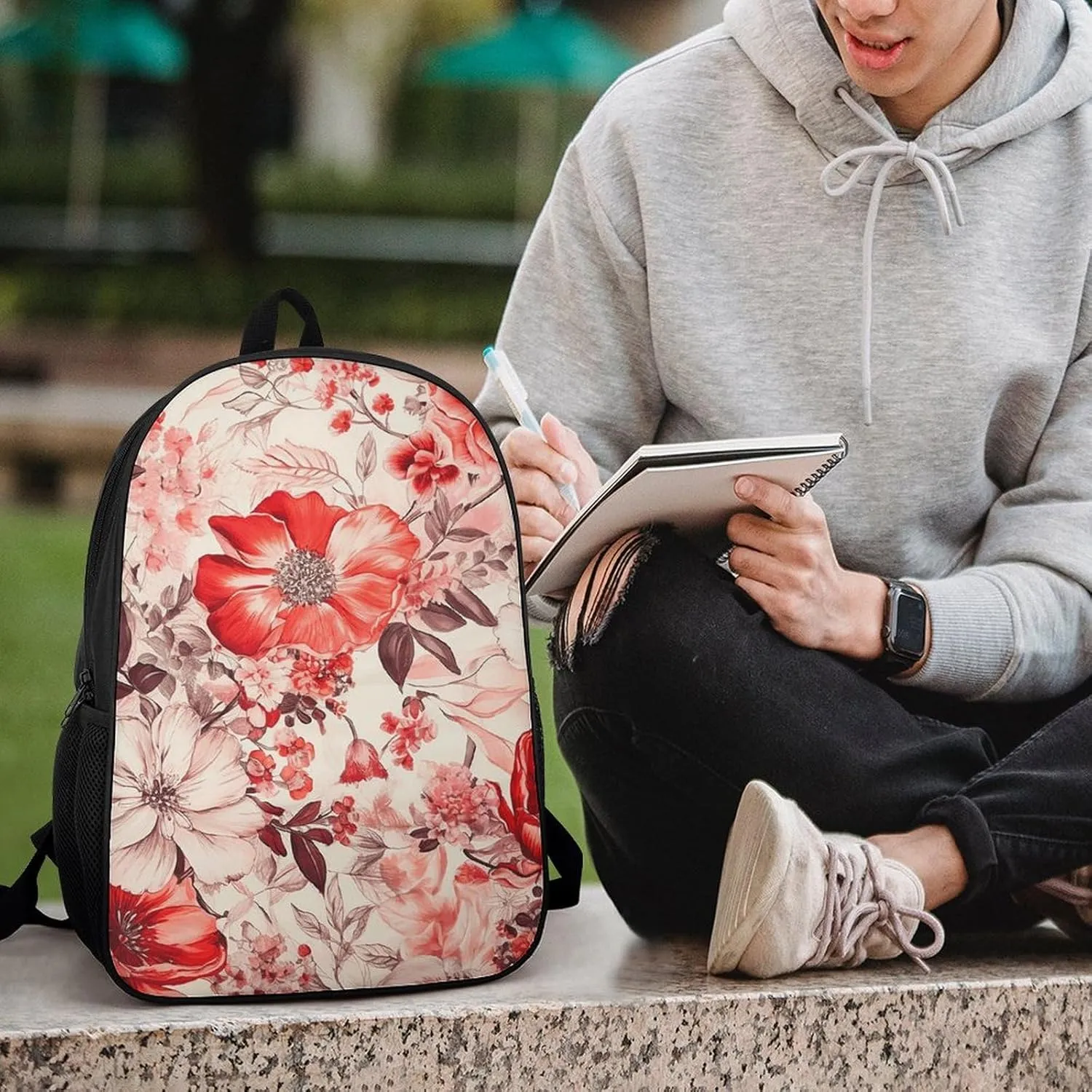 Laptop Backpack Casual Daypack Waterproof Red Style Flowers Computer Bag Business Work Bag for Travel