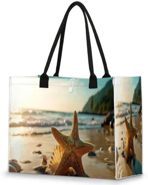 Large Travel Utility Tote Bag for Women Reusable Shopping Bags with Handles Aesthetic Bolsos Para Mujeres Cute Canvas Bag for Beach School Work Grocery Starfish Beach