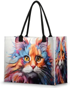 Large Travel Utility Tote Bag for Women Reusable Shopping Bags with Handles Colorful Cat Illustration Aesthetic Bolsos Para Mujeres Cute Canvas Bag for Beach School Work Grocery
