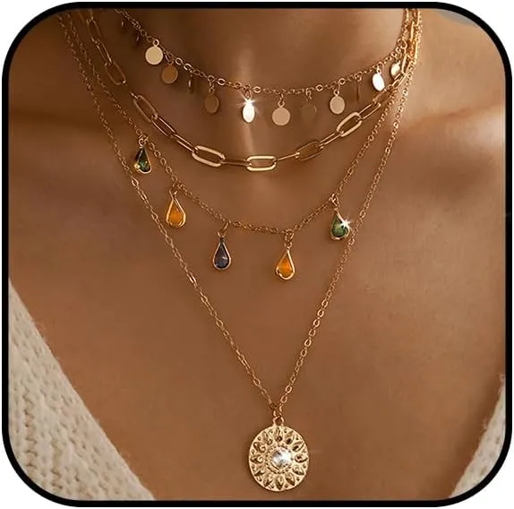 Layered Boho Necklaces for Women Trendy Gold Stackable Necklaces Bohemian Turquoise Beaded Choker Necklace Western Pendant Necklaces Boho Jewelry Accessories