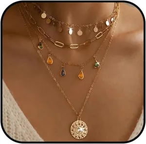 Layered Boho Necklaces for Women Trendy Gold Stackable Necklaces Bohemian Turquoise Beaded Choker Necklace Western Pendant Necklaces Boho Jewelry Accessories