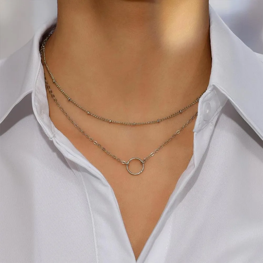 Layered Gold Circle Pendant Necklaces for Women Stackable Geometric Round Choker Necklaces Adjustable Geometry Necklaces Everyday Jewelry Accessories