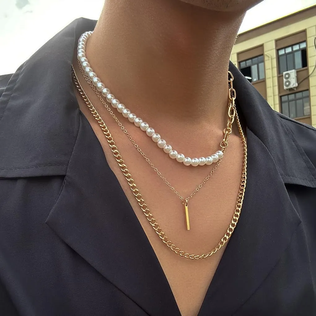 Layered Gold Necklaces for Women Stackable Pearl Paperclip Chain Necklaces Adjustable Dainty Bar Pendant Necklaces Trendy Everyday Jewelry Gifts