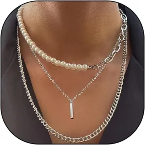 Layered Gold Necklaces for Women Stackable Pearl Paperclip Chain Necklaces Adjustable Dainty Bar Pendant Necklaces Trendy Everyday Jewelry Gifts