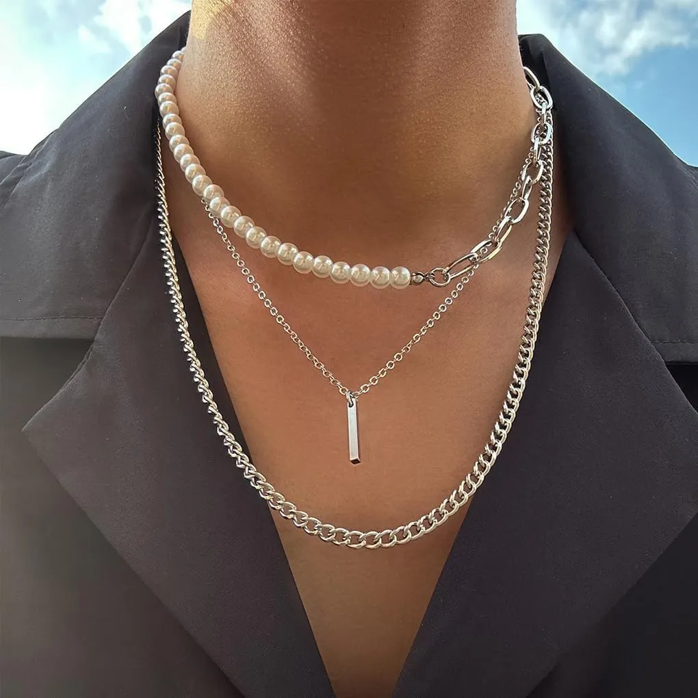 Layered Gold Necklaces for Women Stackable Pearl Paperclip Chain Necklaces Adjustable Dainty Bar Pendant Necklaces Trendy Everyday Jewelry Gifts