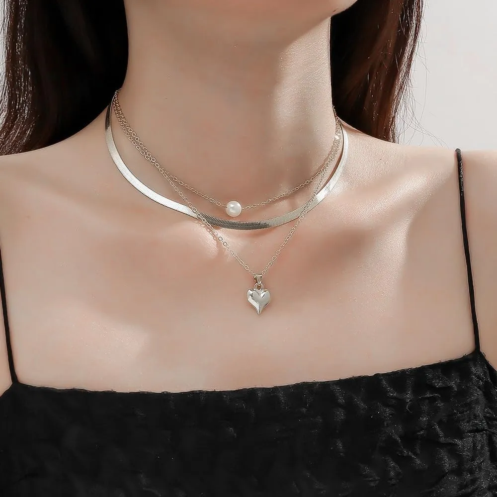 Layered Heart Pearl Pendant Necklaces for Women Dainty Gold Herringbone Chain Choker Necklaces Stackable Link Bead Necklaces Jewelry Gift
