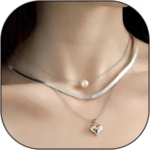 Layered Heart Pearl Pendant Necklaces for Women Dainty Gold Herringbone Chain Choker Necklaces Stackable Link Bead Necklaces Jewelry Gift