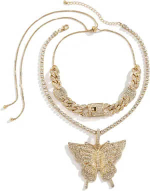 Layered Necklaces for Women, Dainty Layered Necklaces for Women Rhinestones Butterfly Pendant Chain Necklaces Jewelry Gifts, 2 Pieces, Gold