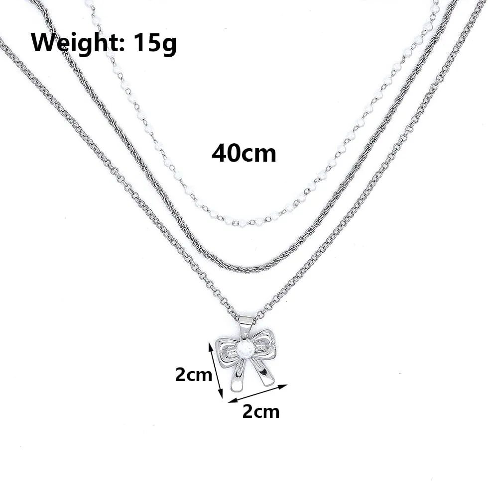 Layered Necklaces for Women Stackable 14K Gold Pearl Bow Pendant Necklaces Adjustable Pearl Bowknot Twisted Choker Necklaces Jewelry Accessories