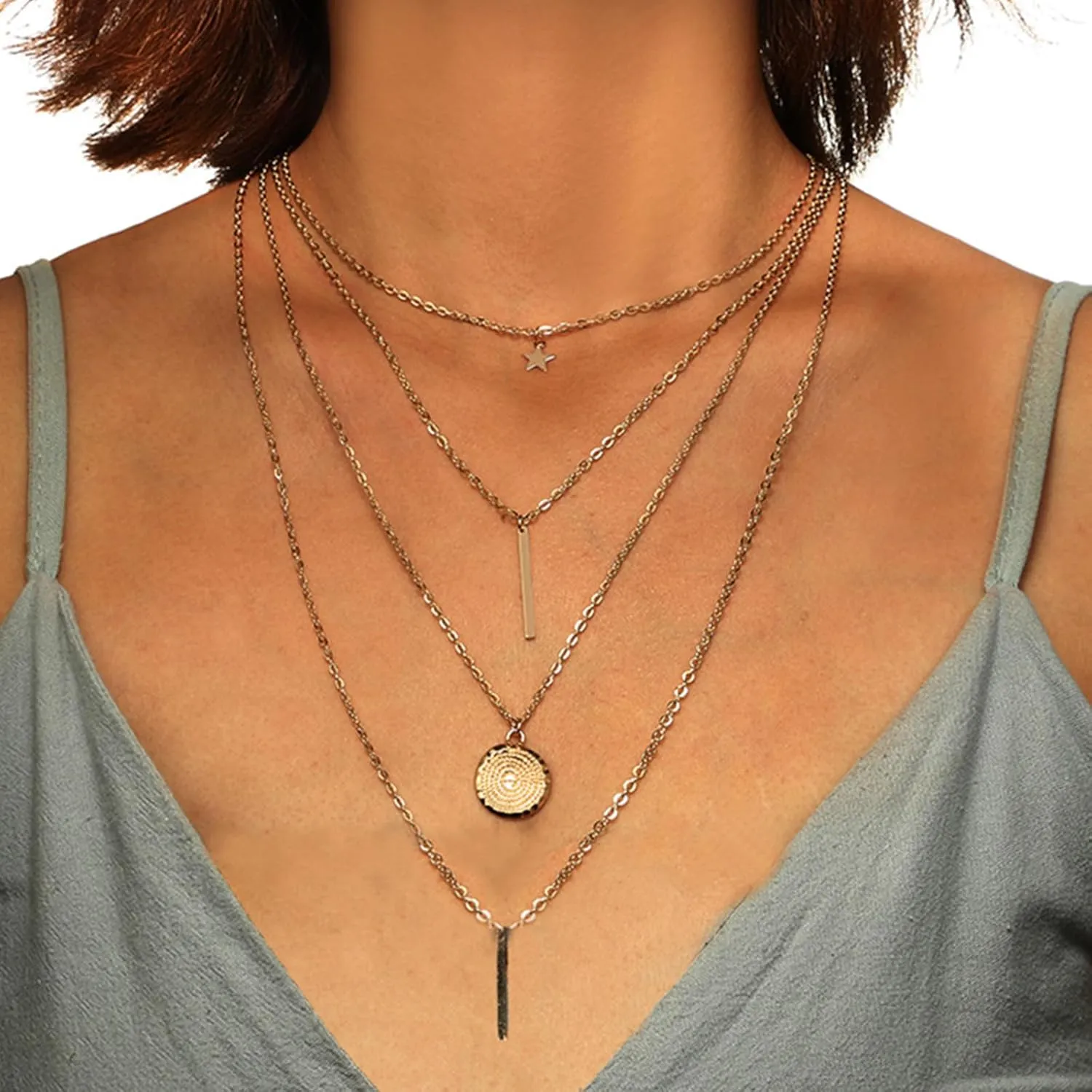 Layered Necklaces for Women Trendy Multilayer Bar Disc Necklace Gold Layered Choker Necklaces Y Pendant Necklace Layering Necklaces for Girls