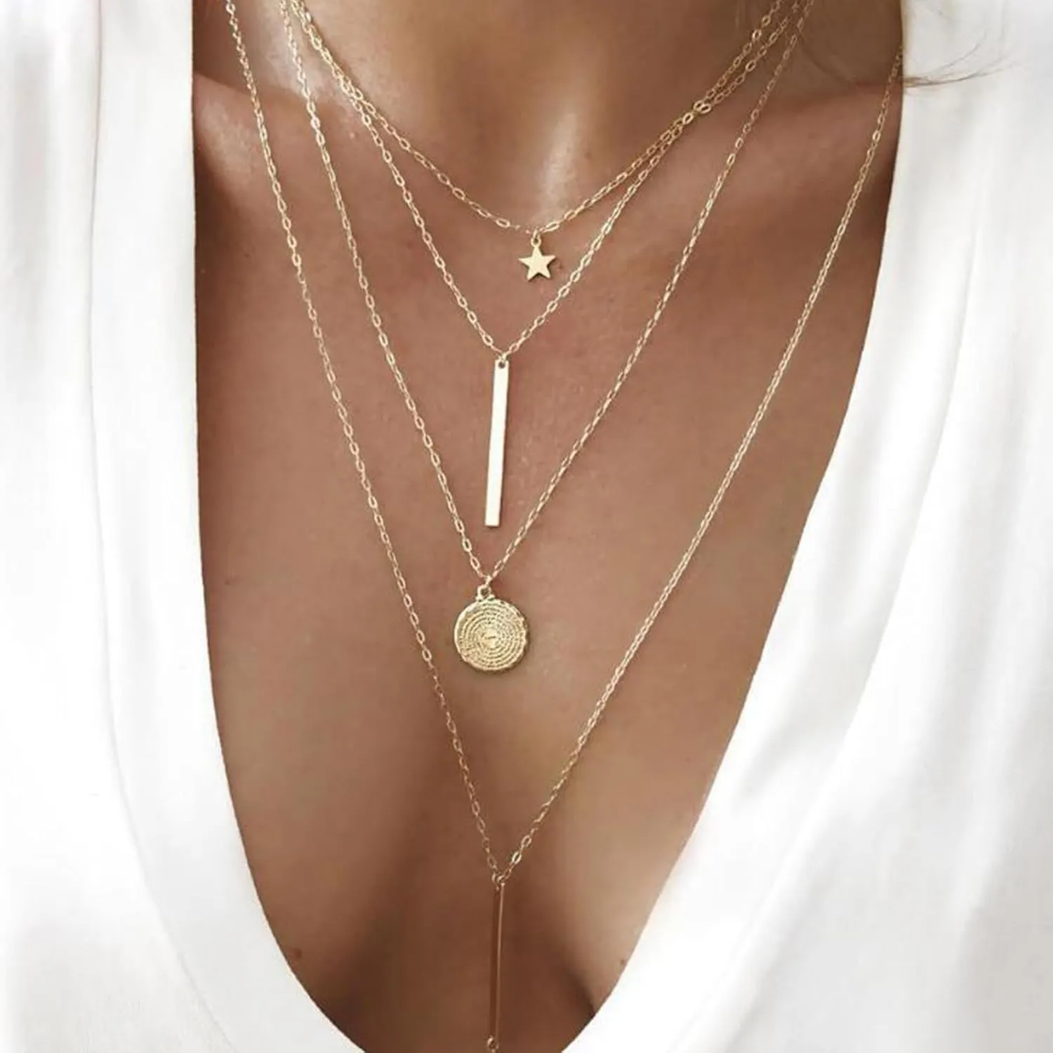 Layered Necklaces for Women Trendy Multilayer Bar Disc Necklace Gold Layered Choker Necklaces Y Pendant Necklace Layering Necklaces for Girls