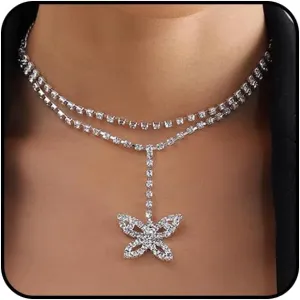 Layered Silver Crystal Bow Pendant Necklaces for Women Stackable Rhinestone Bowknot Choker Necklaces Sparkle CZ Butterfly Knot Necklaces Jewelry Gifts