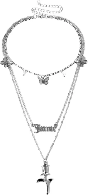 Layering Necklaces for Women, Layered Necklaces for Women Openwork Alphabet Butterfly Pendant Chain Necklaces for Women Girls, 3 Layers