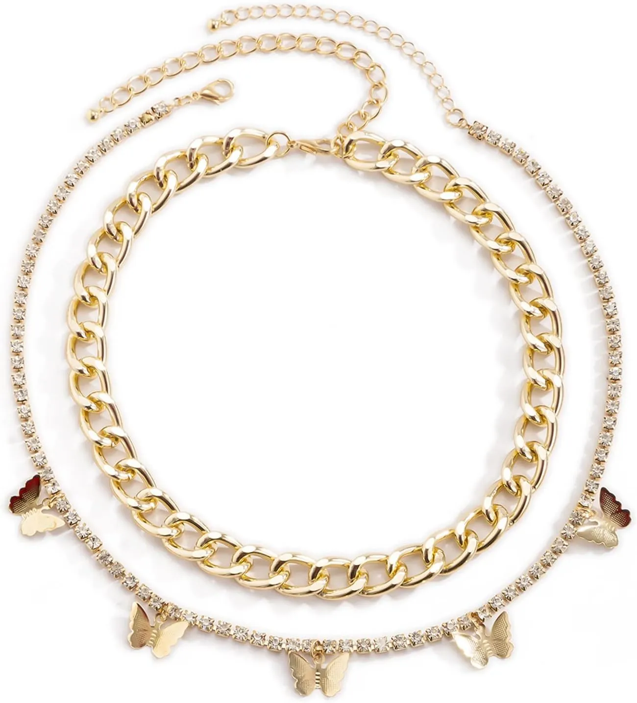 Layering Necklaces, Layered Necklaces for Women Butterfly Fringe Pendant Chain Necklaces Jewelry for Women and Girl, 2 Pieces, Gold