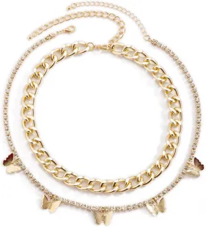 Layering Necklaces, Layered Necklaces for Women Butterfly Fringe Pendant Chain Necklaces Jewelry for Women and Girl, 2 Pieces, Gold