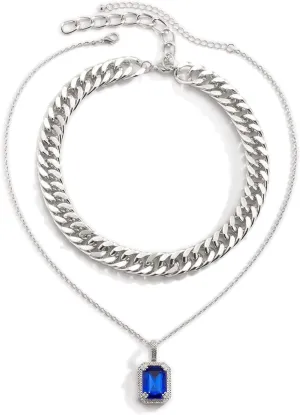 Layering Necklaces, Layered Necklaces for Women Square Thick Chain with Blue Cz Pendant Chain Necklaces Jewelry Gifts, 2 Pieces, Silver