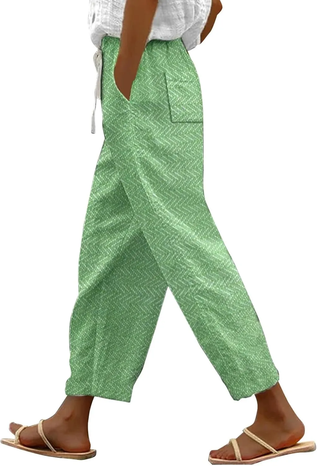 LCMTWX White Linen Pants Women 2025 Drawstring Pants Capri Pants 2025 Pants with Pockets Wide Leg Cropped Pants Linen Pants