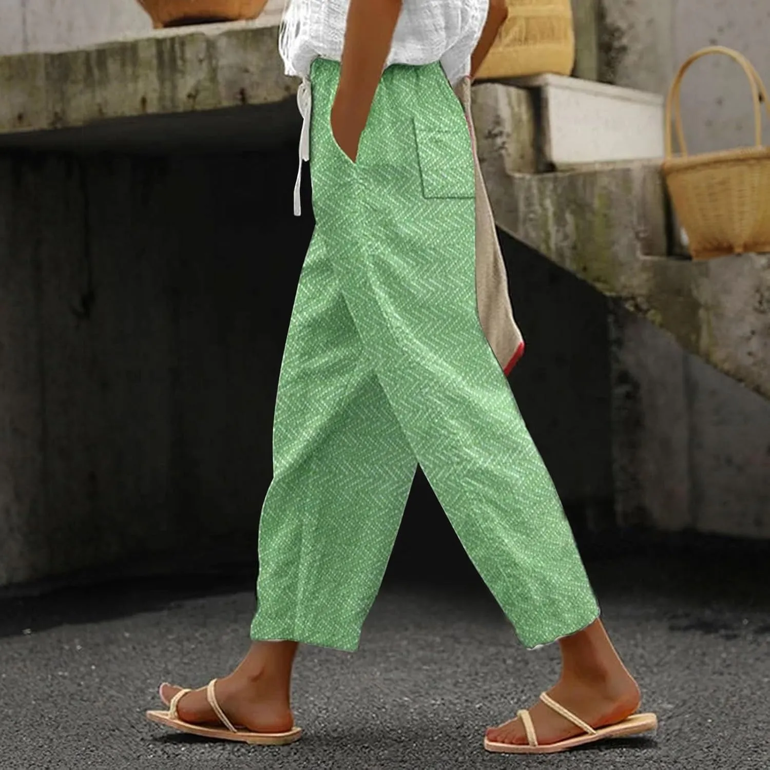 LCMTWX White Linen Pants Women 2025 Drawstring Pants Capri Pants 2025 Pants with Pockets Wide Leg Cropped Pants Linen Pants