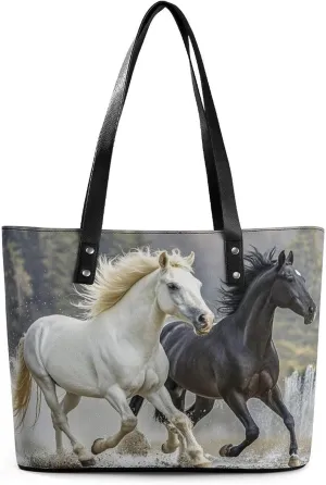 Leather Tote Bag Crossbody Bags for Women Fashion Top Handle Handbag Black And White Horses Running Ladies Shoulder Bags Casual Beach Bag Gym Bages Ladies Purses for Shopping Work Travel